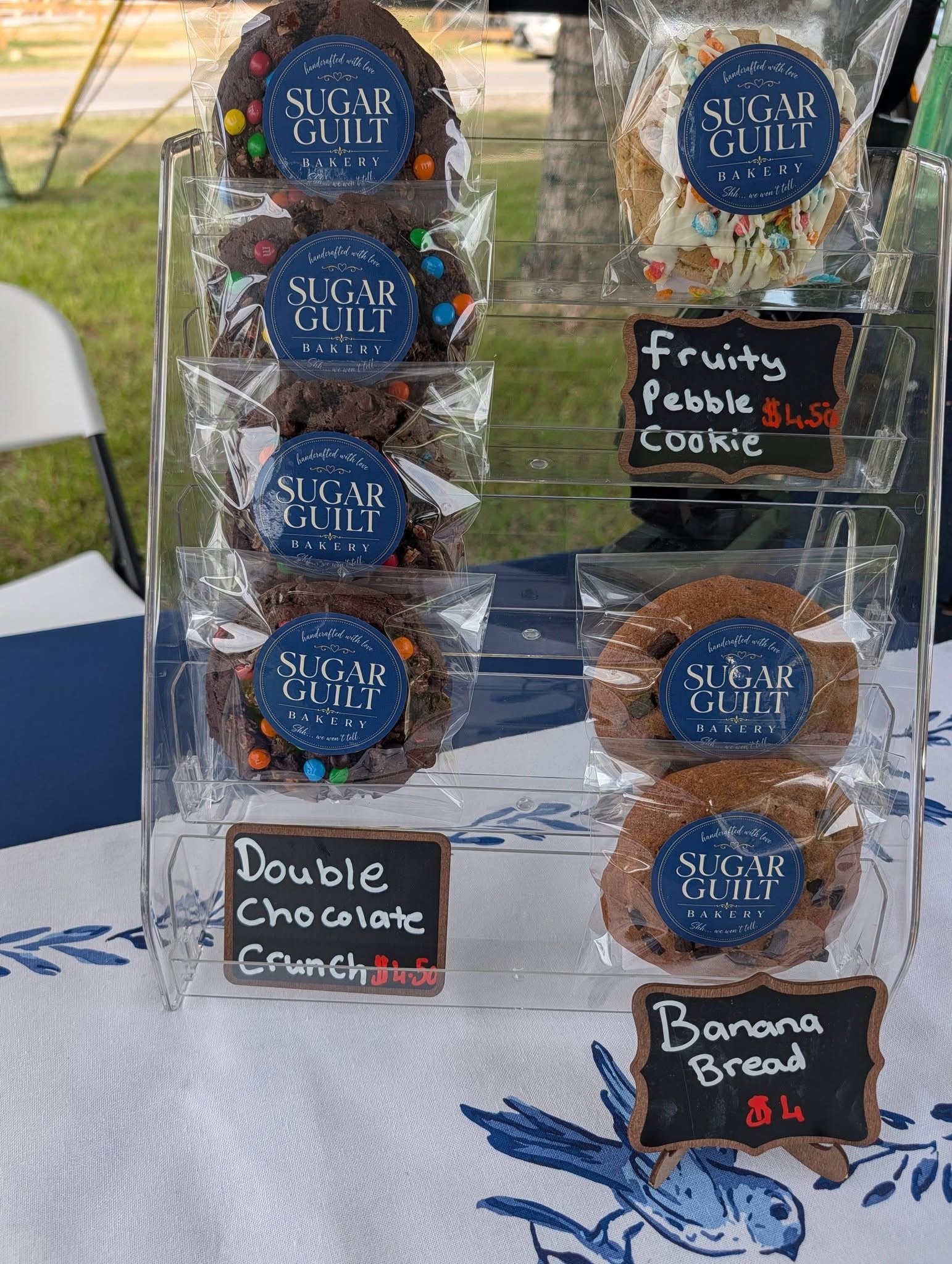 Double chocolate crunch and fruity pebble cookies on the market stand